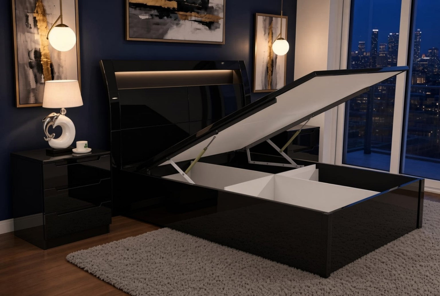 Rugby High Gloss Smart Ottoman Storage Bed in Black