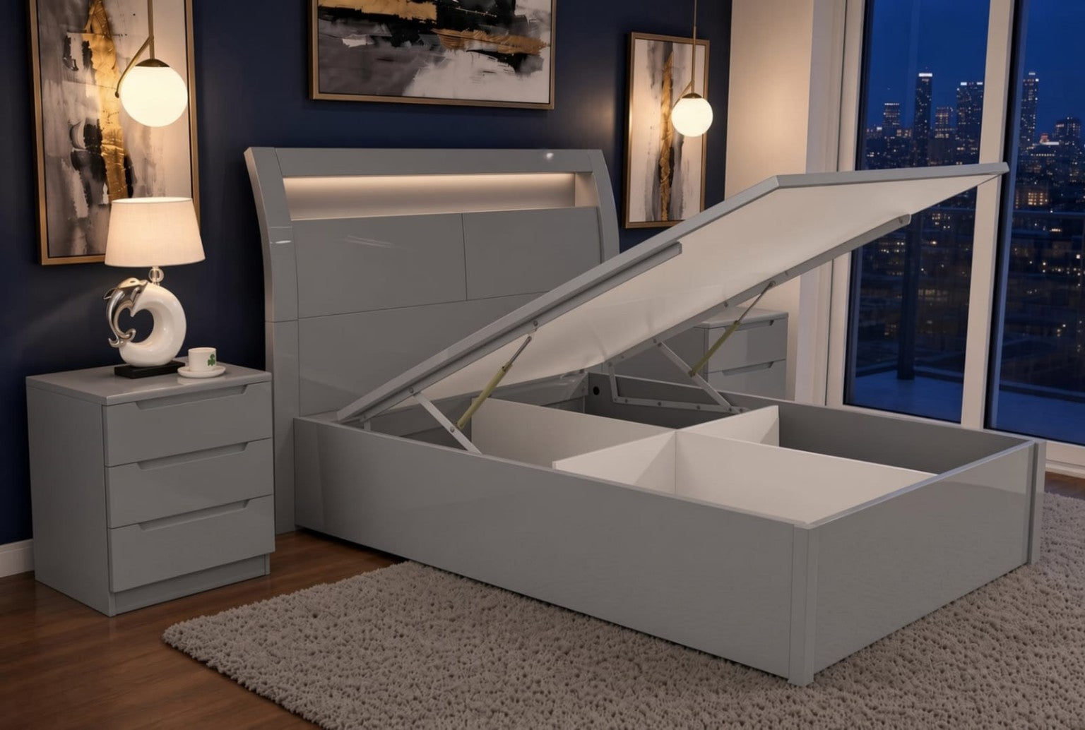 Rugby High Gloss Smart Ottoman Storage Bed in Grey