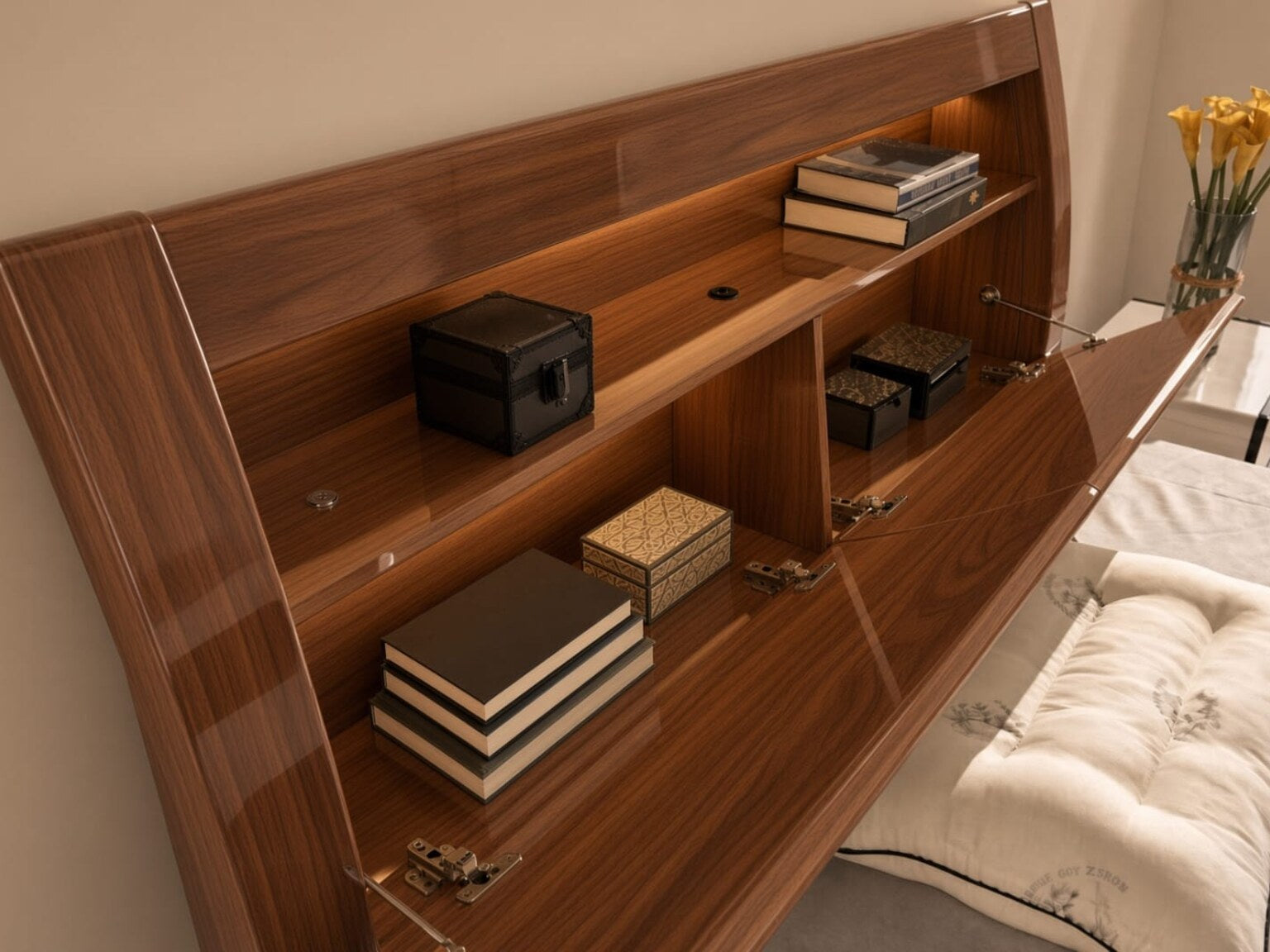 Rugby High Gloss Smart Ottoman Storage Bed in Walnut