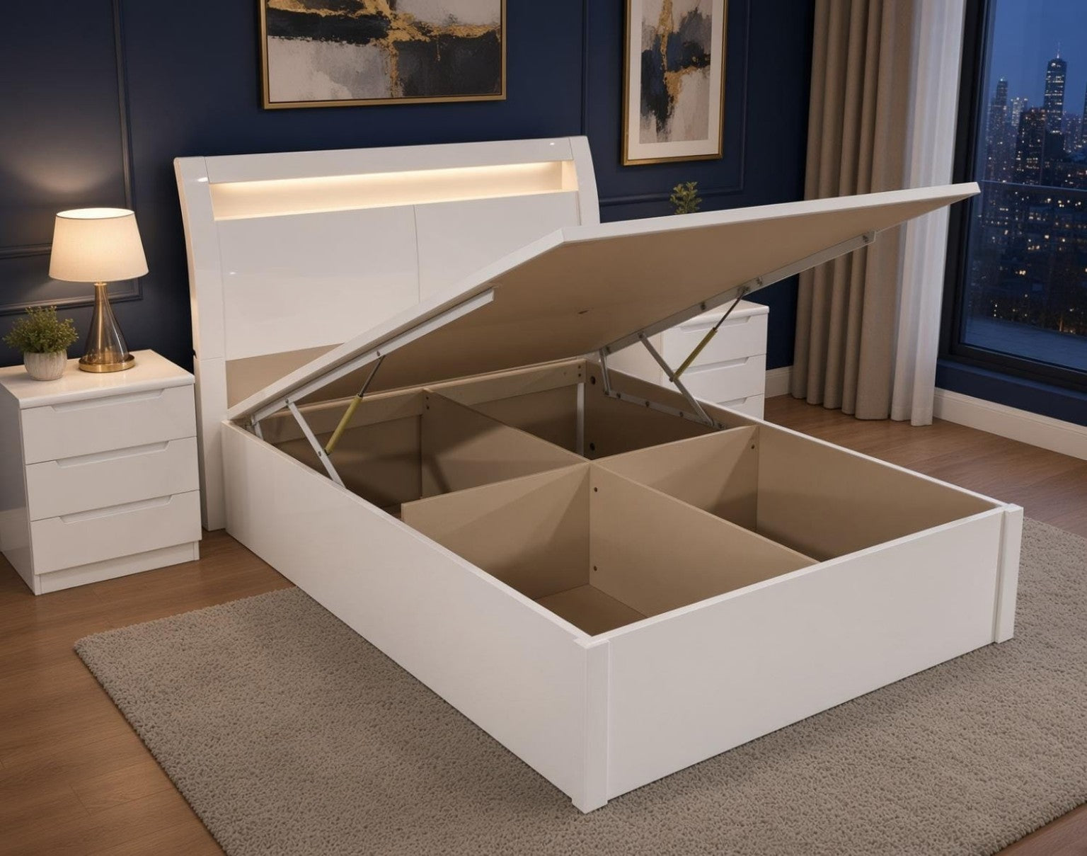 Rugby High Gloss Smart Ottoman Storage Bed in White