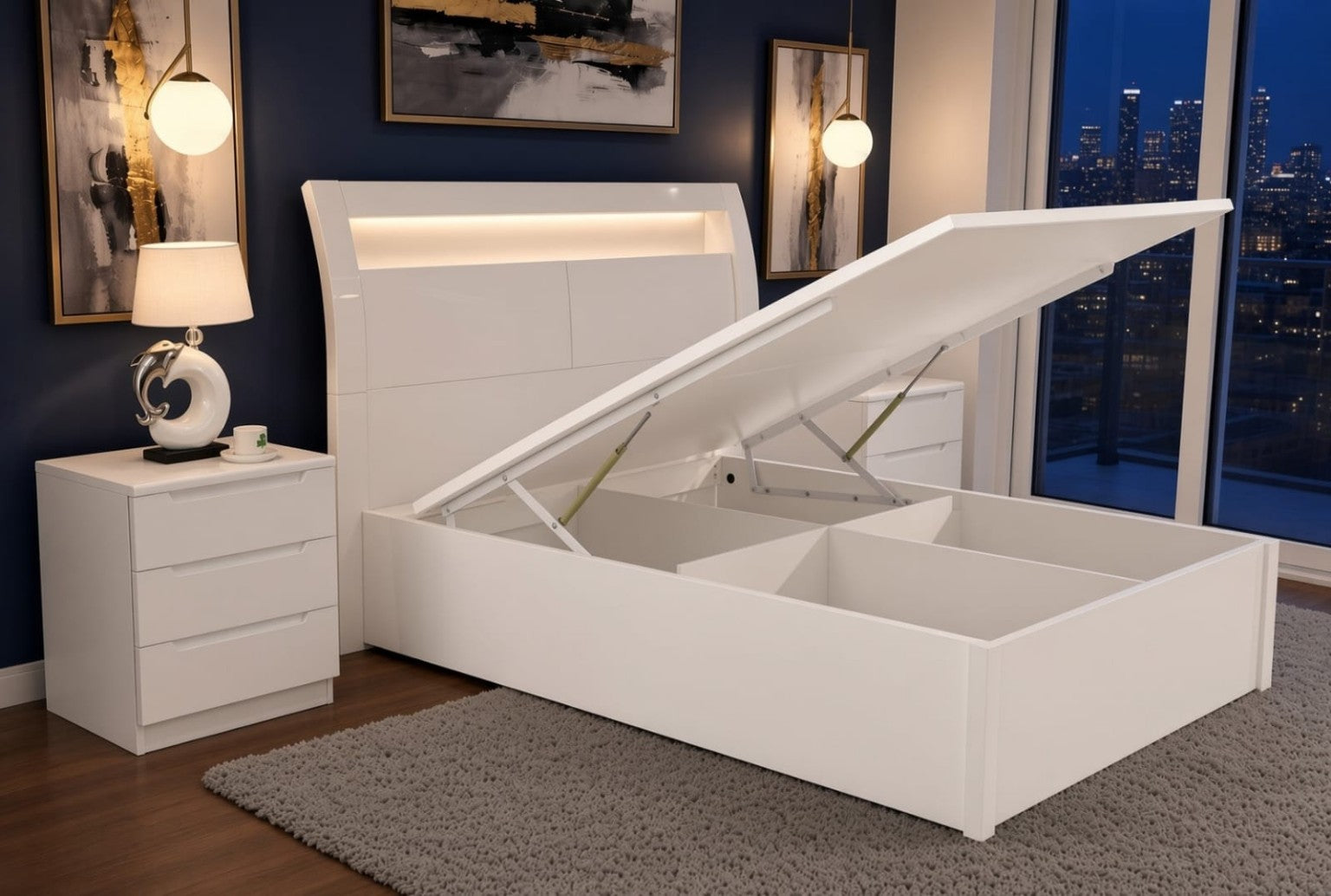 Rugby High Gloss Smart Ottoman Storage Bed in White